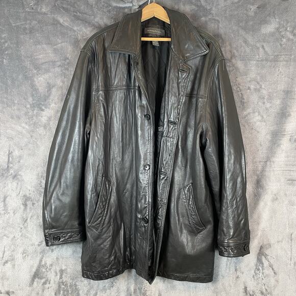 Vtg Men's sz L Banana Republic Black Leather Matrix Long Leather Coat Button-Up
